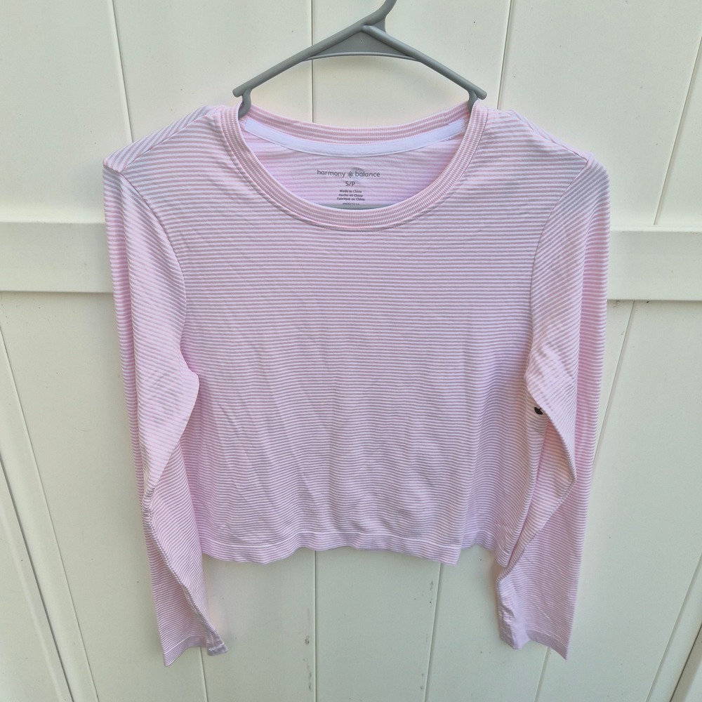 Harmony Balance Womens Pink White Striped Long Sleeve Crop Top Activewear Small